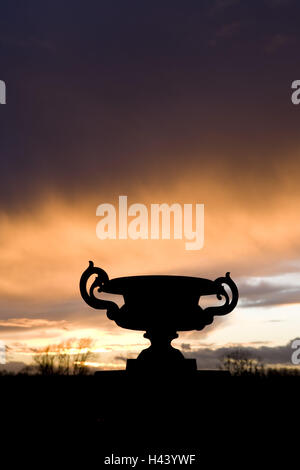 France, Bourgogne, Dijon, St.-Seine-sur-Vingeanne, sundown, plant pot, silhouette, Stock Photo