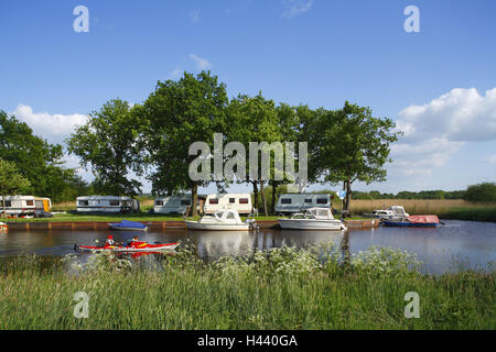 Germany, Lower Saxony, Worpswede, camping site, river Hamme, boots, Stock Photo