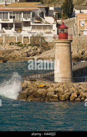 Spain, Majorca, port d'Andratx, Badia de Andratx, coast, lighthouse, the Balearic Islands, Balearic Islands island, coastal region, the Mediterranean Sea, surf, harbour mole, bile coast, houses, buildings, residential houses, tower, flare signal, destination, tourism, navigation, navigation help, winter, Stock Photo