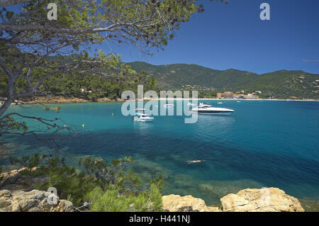 France, Cote d'Azur, pest de la Fossette, sea, coast, trees, boots, Stock Photo