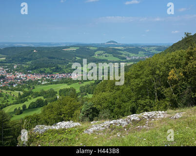 Germany, Baden-Wurttemberg, village Donz, view from the mountain Messel over village Donz to the Hohenstaufen,