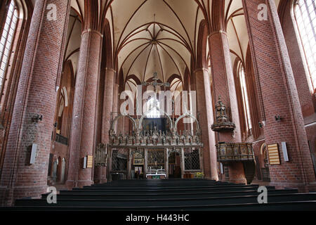 Germany, Saxony-Anhalt, Stendal, Marien's church, interior view, church, brick church, brick, hall church, medievally, Gothic, benches, pillars, pulpit, choir screen, roof, tourism, structure, architecture, place of interest, inside, Stock Photo