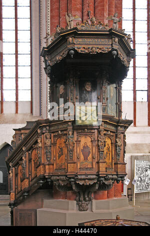 Germany, Mecklenburg-West Pomerania, Greifswald, Hanseatic town, St. Marien church, interior view, pulpit, town, city centre, architecture, church, basilica, hall church, brick Gothic, North German, monumentally, tourism, inside, saint's pictures, carving Stock Photo