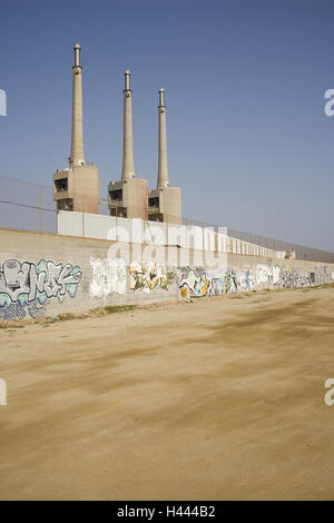 Factory building, chimneys, wall, graffiti, Sant Adria de Besos, Barcelona, Spain, Stock Photo