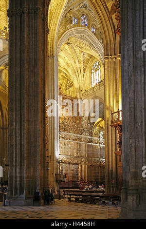 Spain, Andalusia, Seville, cathedral, inside, Europe, church, church, inside, St. altar, altar, high altar, golden, conservation monuments and historic buildings, main band, St. art, wealth, forms, abundance forms, person, believers, place of interest, Stock Photo