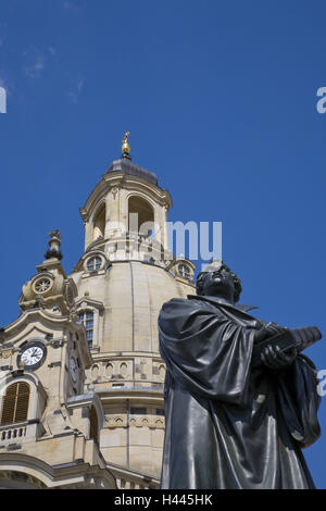 Monument, statue, Martin Luther, Church Our Lady, roof dome, Dresden, Saxon, Germany, Stock Photo