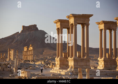 Syria, Palmyra, Säulenstrasse, Tetrapylon, stronghold Qalaat Ibn Maan, Stock Photo