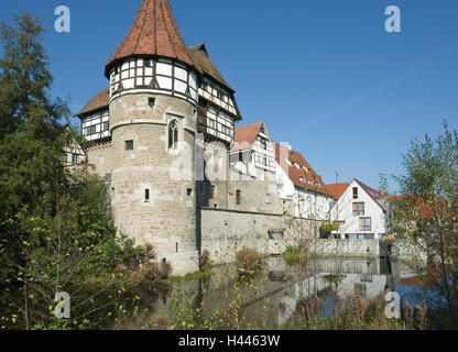 Germany, Baden-Wurttemberg, Balingen, Zollernschloss in the Eyach, half-timbered, Eyach, Eyachtal, half-timbered building, round tower, lock, castle grounds, tower, weir, castle building, structure, architecture, place of interest, destination, tourism, Z Stock Photo