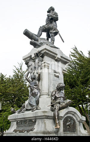 Chile, Patagonia, Peninsula Brunswick, Punta Arenas, plaza Munos Gamero, monument Magellan, tourist, Stock Photo