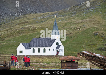 South Georgia, Grytviken, old whale handling station, church, in Norwegian, tourists, Stock Photo