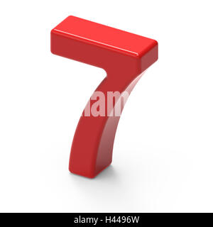 3D rendering smooth red number 7 isolated on white background, smooth texture red number, top view right side Stock Photo