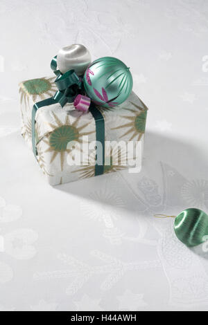 Christmas present, loop, sphere, white-turquoise, detail, Stock Photo
