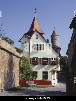 Germany, Franconia, Dinkelsbühl, Old Town, residential house, green tower, Bavaria, Central Franconia, nasturtium way, city fortification, towers, city wall, building, structure, architecture, place of interest, destination, tourism, Stock Photo