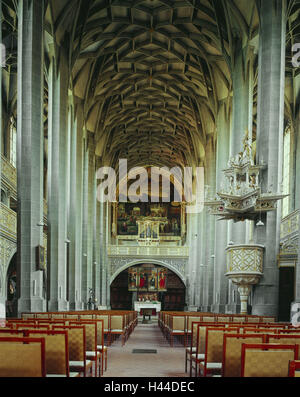 Germany, Saxony-Anhalt, Halle in, the hall, church St. Marien, inside, town, hall, place of interest, building, church, market church, St. Marien, Marien's church, hall church, late Gothic, altar, pews, interior view, faith, religion, Stock Photo