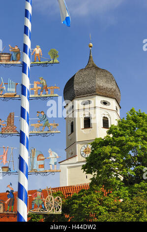 Germany, Bavaria, Erling (village), church, maypole, detail, Stock Photo