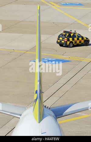 Runway, airplane check, car, markings, Stock Photo