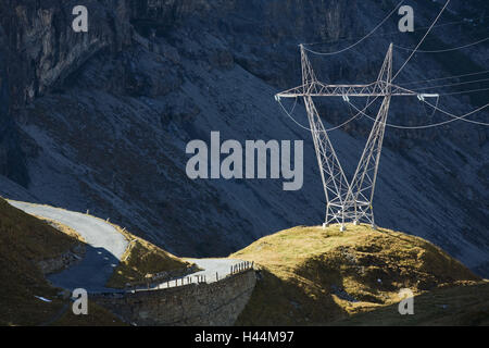Italy, Lombardy, national park Stilfser Joch, high valley, Bocca Del Braulio, pass, street, high tension power line, Stock Photo