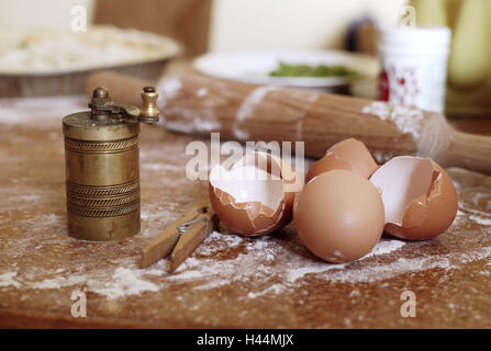 empty eggshells on kitchen table, mill, rolling-pin, clothes peg, detail, Stock Photo