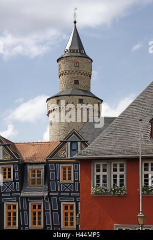 Germany, Hessen, Idstein, city hall, oblique house, witch's tower, Rhinegau Taunus circle, town, Old Town, building, outside, architecture, tower, place of interest, tourism, Stock Photo