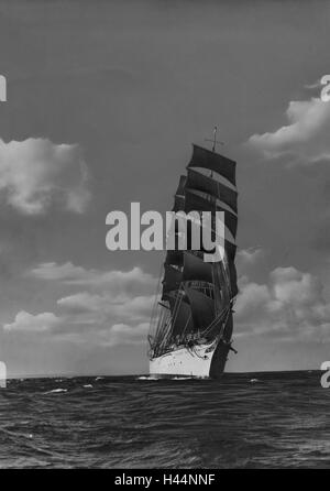 Sea, 'school ship Germany', journey, b/w, navigation, sailing ship, sail school ship, great yachtsman, full ship, 3 mast's full ship, education ship, ship, education journey, in 1971, water, cloudy sky, copy space, nostalgia, Stock Photo