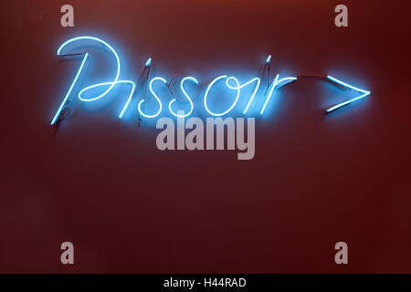 Neon writing, urinal, arrow, wall, wall, stroke, neon, neon font, blue, red, tip, direction, toilet, Urinal, Stock Photo