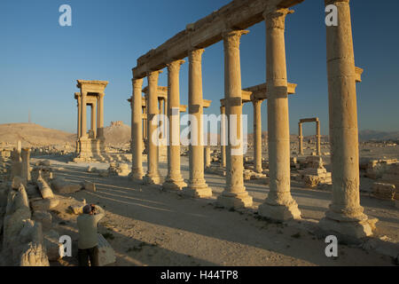 Syria, Palmyra, Säulenstrasse, Tetrapylon, stronghold Qalaat Ibn Maan, Stock Photo