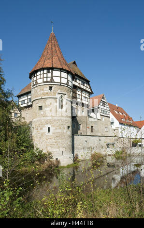 Germany, Baden-Wurttemberg, Balingen, Zollernschloss in the Eyach, half-timbered, Eyach, Eyachtal, half-timbered building, round tower, lock, castle grounds, tower, weir, castle building, structure, architecture, place of interest, destination, tourism, Z Stock Photo