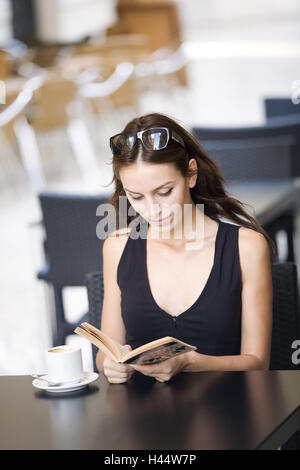 Woman, young, sit, book, read, model released, people, female, brunette, beauty, concentration, sympathetically, Roman, voltage, top, black, notch, sunglasses, coffee cup, coffee, outside, portrait, Stock Photo