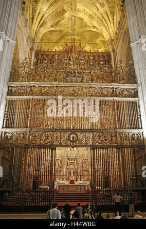 Spain, Andalusia, Seville, cathedral, high altar, Europe, church, church, inside, St. altar, altar, golden, conservation monuments and historic buildings, main band, St. art, wealth, forms, abundance forms, person, believers, place of interest, Stock Photo