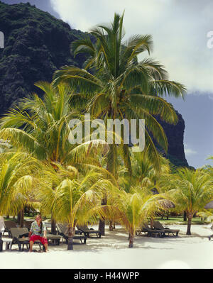 Maskarenen, island Mauritius, southwest coast, Morne Brabant, palm beach, tourist, destination, mountain, heaven, palms, vacation, deck chairs, Sand, sandy beach, beach, person, woman, model released, , Stock Photo