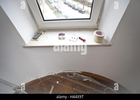 Painter's implements, adhesive tape, windowsill, floor, plastic cover, interior, Stock Photo