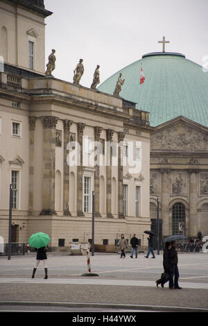 Germany, Berlin, space Bebel, old library, Hedwigskathedrale, passer-by, town, capital, part of town, Berlin middle, place of interest, building, structures, architecture, facade, cathedral, church, dome, faith, religion, Christianity, sacred construction Stock Photo