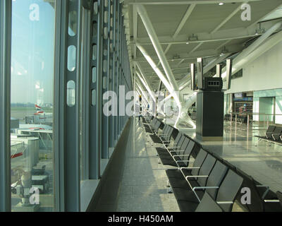 Great Britain, London, airport Heathrow, 'terminal 5', inside, waiting range, window, view, England, airport terminal, airport terminal, building, structure, construction, support, rolled steal joist, solidly, stability, modern, structure, steel, glass, view window, chairs, waiting zone, view, sit, wait, series, chair series, Stock Photo