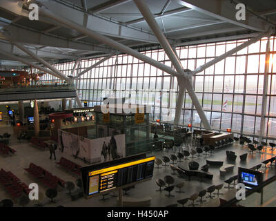 Great Britain, London, airport Heathrow, 'terminal 5', air terminal, waiting range, England, town, capital, airport hall, inside, terminal, travel, traffic, transport, airport terminal, building, architecture, construction, Überdachung, modern, structure, steel, glass, wait, waiting zone, chairs, tourism, travelling, journey by air, go away, Stock Photo