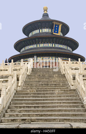 China, Peking, temple attachment Tiantan, heaven stamp, hall the harvest prayer, Qinian Dian, Asia, culture, faith, capital, Xuanwu area, suburban altar, temple, temple area, heaven altar, altar terrace, harvest prayer hall-@, hall, round hall, rising, terraces, buildings, structure, historically, around, Qiniandian, architecture, place of interest, UNESCO-world cultural heritage, outside, people, tourists, Stock Photo