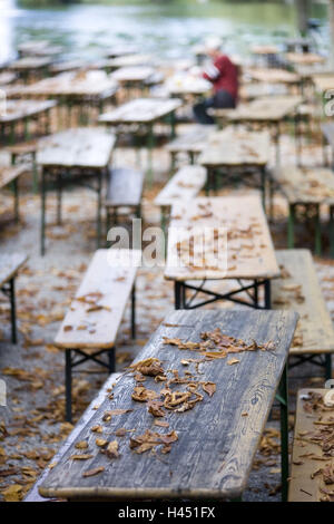 Beer garden, tables, benches, autumn foliage, Stock Photo