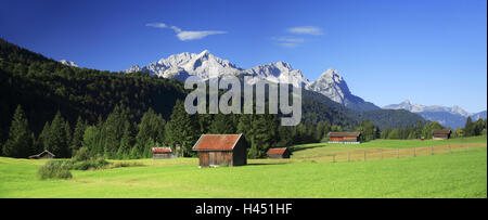Germany, Bavaria, Garmisch-Partenkirchen, Zugspitze, meadows, huts, Stock Photo