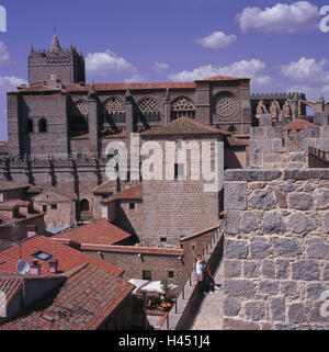 Spain, Castilla Y Leon, Avila, town view, cathedral, town, houses, buildings, church, parish church, structure, architecture, place of interest, destination, tourism, Stock Photo