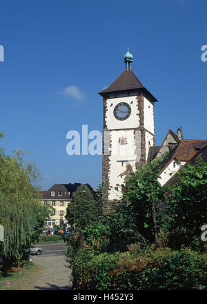 Germany, Baden-Wurttemberg, Freiburg im Breisgau, Swabian's goal, detail, summer, Black Forest, town, houses, residential houses, buildings, goal tower, military tower, tower, structure, architecture, landmark, place of interest, destination, tourism, Stock Photo