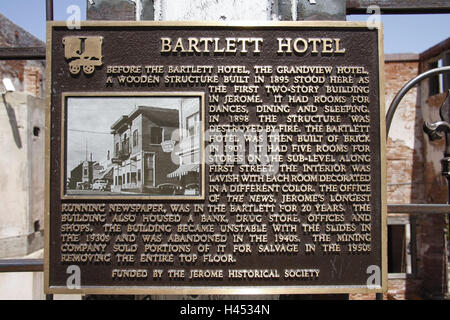 The USA, Arizona, Black Hills, Jerome, Bartlett hotel, information board, mountain village, mine town, ghost town, tourism, place of interest, building, architecture, historically, exit, formerly, dilapidatedly, information, Stock Photo