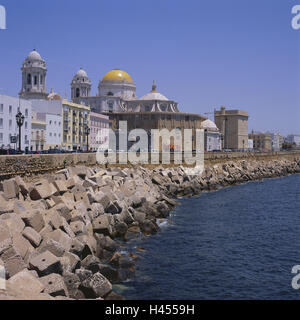 Spain, Andalusia, Cadiz, cathedral, promenade, the Atlantic, Europe, town, destination, place of interest, church, church, sacred construction, faith, religion, Christianity, architecture, building, outside, breakwater, sea, heaven, blue, cloudless, Stock Photo