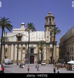 Spain, Andalusia, Cadiz, plaza de la Catedral, Iglesia de Santiago, palms, passers-by, Europe, town, destination, place of interest, space, church, cathedral, church, sacred construction, faith, religion, Christianity, architecture, building, outside, people, tourists, street cafes, Stock Photo