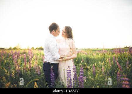 Beautiful couple, bride, groom kissing and hugging in the field sunset Stock Photo