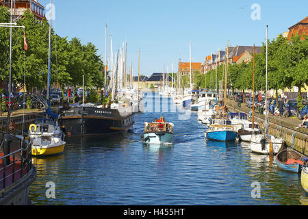 Denmark, Copenhagen, channel, part town Christianshavn, excursion boat, tourist, fishing trawler, sailboats, Stock Photo
