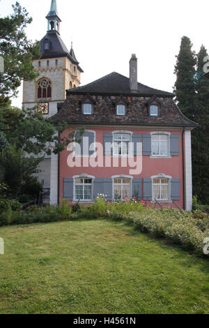 Switzerland, Thurgau, Arbon, church St. Martin, tower, red house, Stock Photo