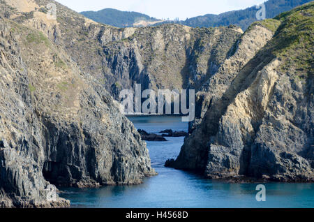 Rocky coast, cliffs and small islands at entrance to Tory Channel, Queen Charlotte Sound, Marlborough Sounds, New Zealand Stock Photo