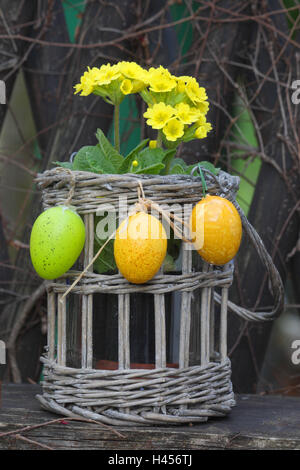 Primroses, basket, Easter eggs, Stock Photo