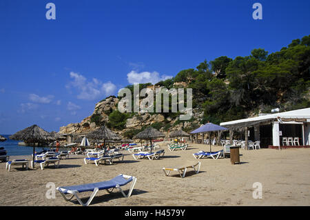 Ibiza, Cala Carbo, beach, deck chairs, restaurant, Stock Photo