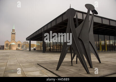 Germany, Berlin, new national gallery, sculpture, Europe, town, capital, part town, Berlin zoo, place of interest, building, structure, architecture, art, art collection, museum, museum building, architect Ludwig Mi's van the raw, post-war modern age, outside, St. Matthäi church, church, deserted, Stock Photo