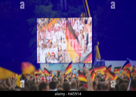 Germany, event, football fans, Germany flags, big picture screen, live transmission, evening, blur, sports event, sport, sporting event, football, world championship, EM, big event, big screen, screen, sports transmission, transmission, person, spectator, fans, human measures, meetings, flags, cheering, celebrate, enthusiasm, unity, national pride, joy, fun, group dynamics, positive mood, common figureistic, outside, Stock Photo